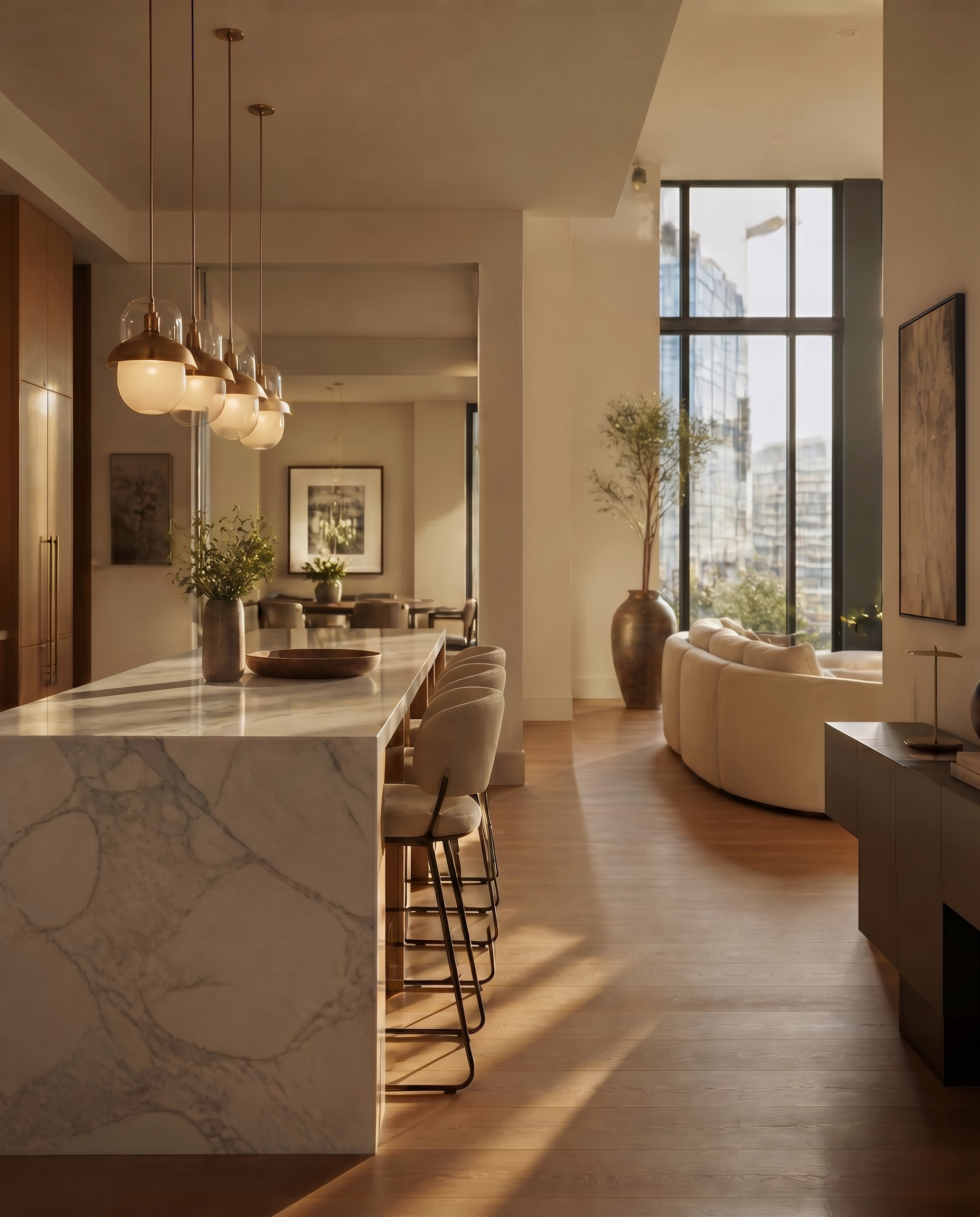 A refined Houston residential interior with a marble island, brass pendants, and warm oak floors bathed in golden-hour light