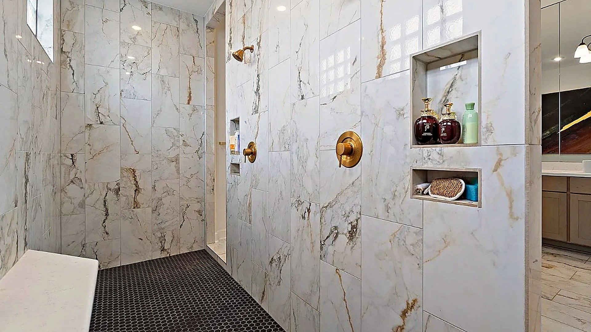 Finished primary bathroom remodel in The Woodlands, Texas, designed and built by Bager.